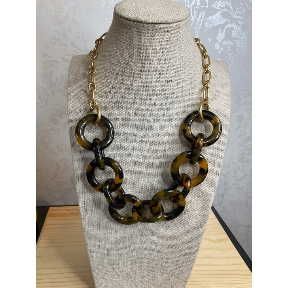 J Crew Tortoise Shell Acrylic Loops Gold Tone Chain Chunky Fashion Necklace